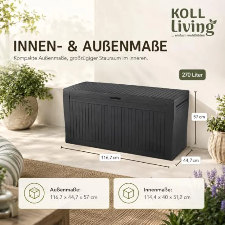 Keter Comfy Aufbewahrungsbox aus Kunstharz, 270 l, Graphit, 116,7 x 44,7 x 57 cm – Bild 5