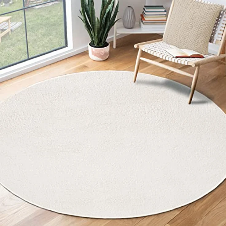 the carpet Relax Moderner Flauschiger Kurzflor Teppich, Anti-Rutsch Unterseite, Waschbar bis 30 Grad, Super Soft, Felloptik, Creme, 200x200 cm Rund – Bild 2