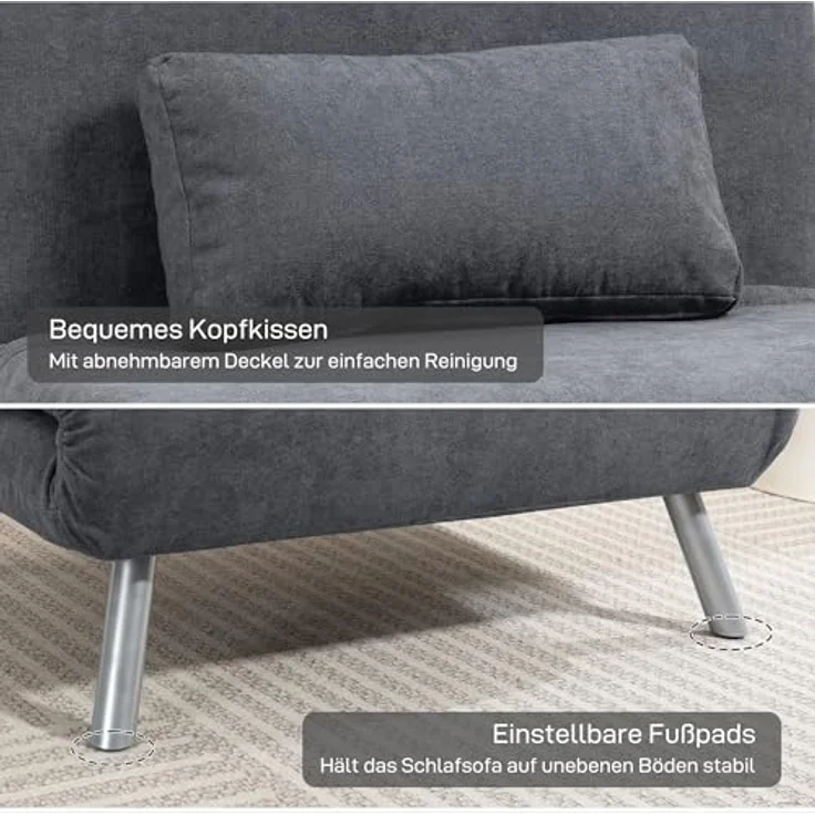HOMCOM Schlafsofa mit verstellbarer Rückenlehne, abnehmbar Kissen, Samtoptik, 3-in-1 Schlafsessel 1 Teile, bis 120 kg, für Wohnzimmer, Schlafzimmer Dunkelgrau – Bild 8