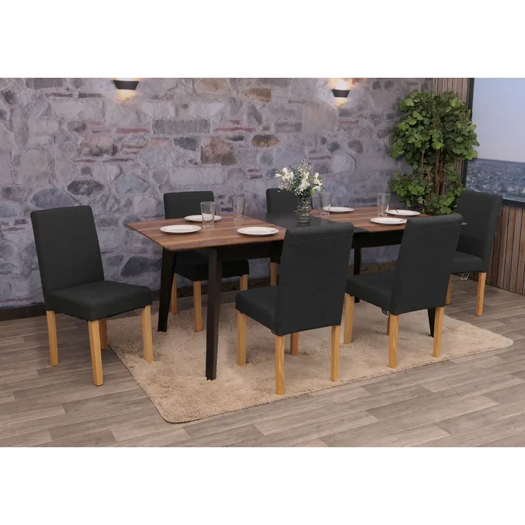 6er-Set Esszimmerstuhl 'Littau' Textil, schwarz, helle Beine