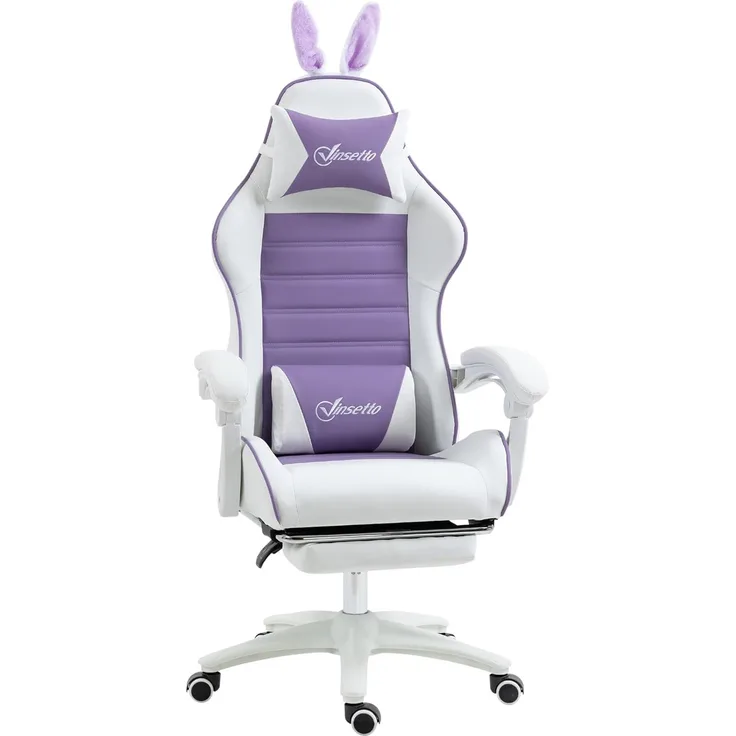 Vinsetto Gaming-Stuhl mit Lendenwirbelstütze, Fußstütze, Hasenohren, Kopfkissen (Bürostuhl, 1 St), PC-Sessel mit verstellbar Liegefunktion, 65 x 63 x 136-142 cm, Violett