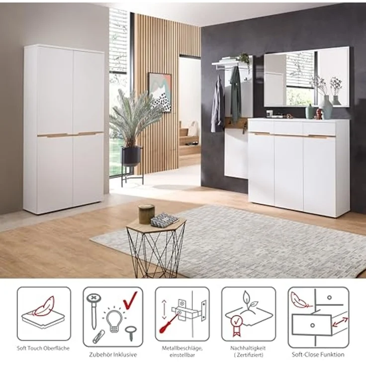 Stella Trading Memphis Flurgarderoben Set in Weiß, Artisan Eiche Optik - Modernes Garderobenset 3-teilig für Ihren Eingangsbereich - 181 x 190 x 38 cm (B/H/T) – Bild 3