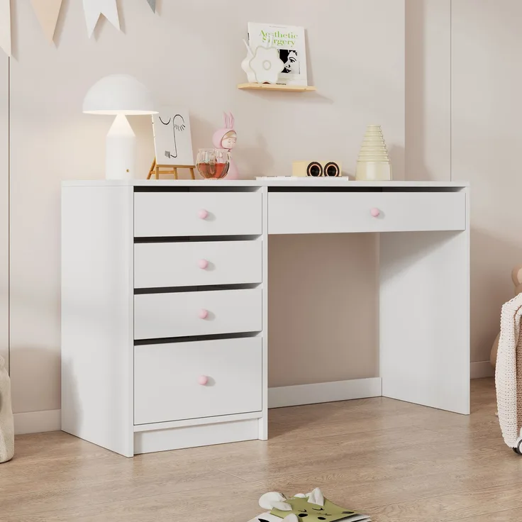 Schreibtisch 120x45x74 cm mit 5 Schubladen, mattweiß und rosa Keramikgriffen