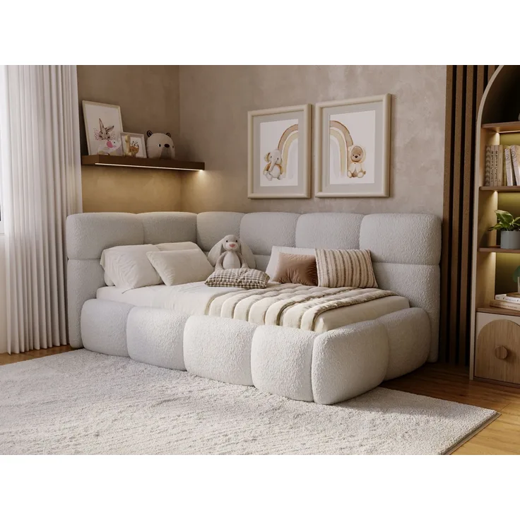 GRAINGOLD Modo One Jugendbett 90x200, Einzelbett mit Bettkasten, mit Lattenrost, Bouclé-Stoff, Rechts, Grau