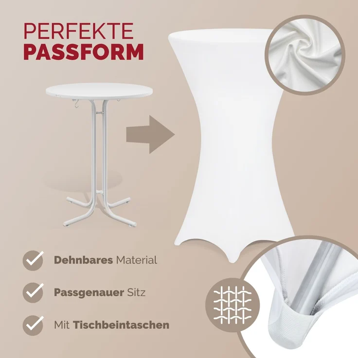 DETEX® Stehtischhusse 5er Set Weiß 60-65cm Verstärkter Fußbereich 30°C Waschbar Stehtisch Hussen Stretch Tisch Überzug – Bild 3