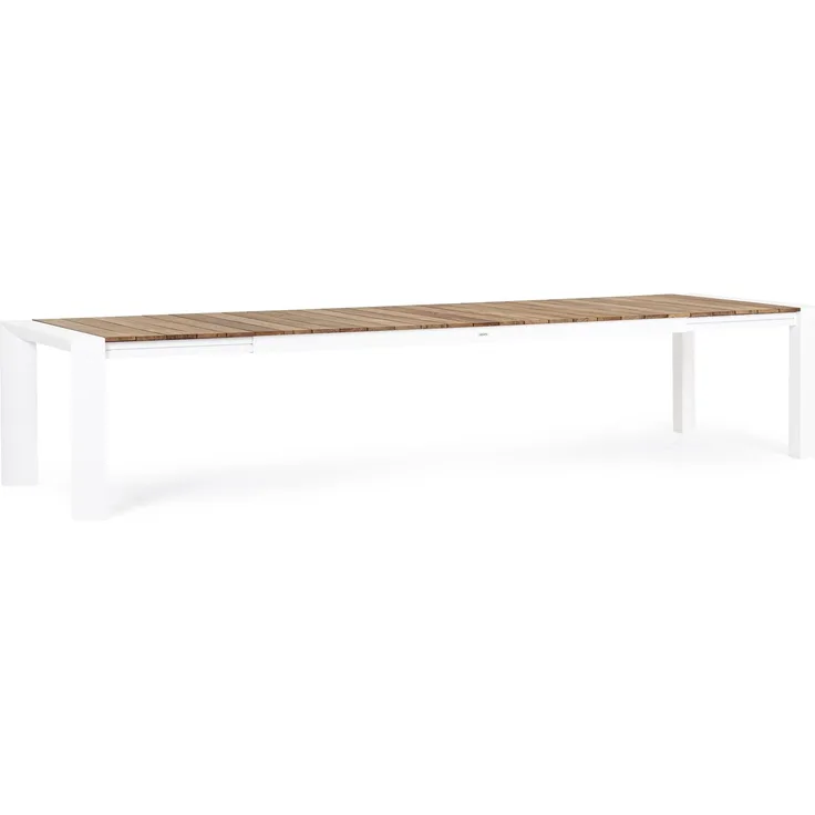 Gartentisch Norema aus Aluminium und Teakholz, modern, ausziehbar für 10–14 Personen, weiß