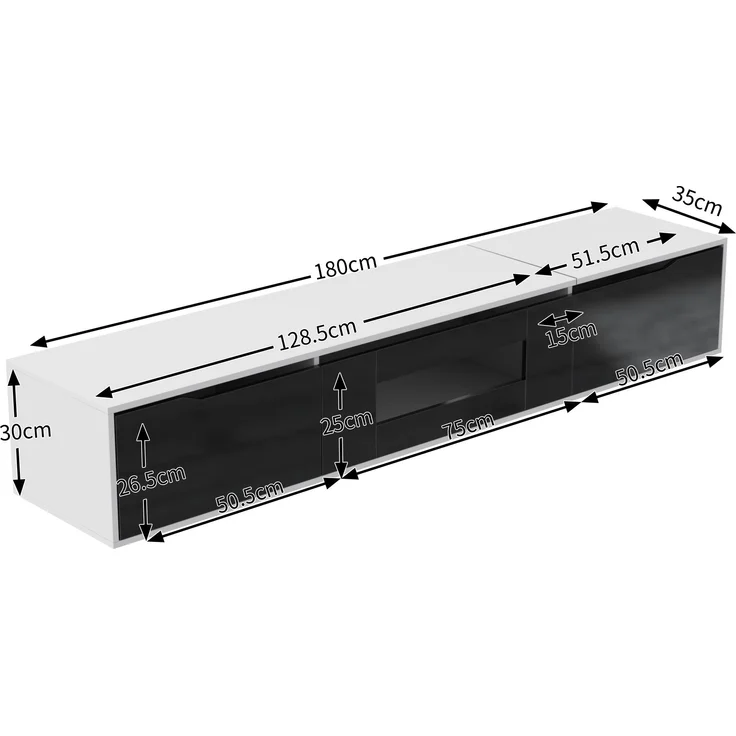 TV-Schrank, Hochglanz mit LED-Beleuchtung & geriffelten Türen, 180x35x30 cm, Weiß/Schwarz – Bild 9