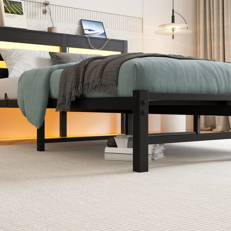 Homerecommend Schwebebettrahmen Metallbett 140x190 cm, ohne Kopfteil, für Schlafzimmer & Jugendzimmer, mit RGB LED-Beleuchtung & USB-Ladestation, versteckte Stützfüße für visuellen Schwebe-Effekt, Vintage Schwarz – Bild 6