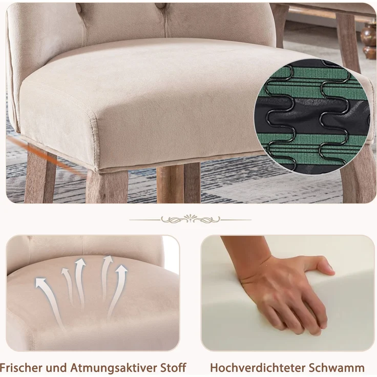 Esszimmerstuhl (2er Set) beige Samt, hohe Rückenlehne, Massivholzgestell – Bild 5