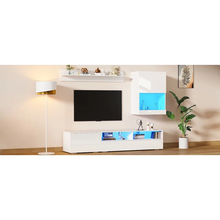 175*39*34cm TV Wohnwand-set mit Vitrine (Komplett-Set, 3-St),Mediawand inkl. TV-Board, Standregal und Wandregal,TV Wohnzimmermöbel-Set mit LED und Hochglanz,TV-Schrank,stehend&hängend,TV bis 80',Weiß--Weiß--84.71x64.64x13.46cm--YOUDENOVA – Bild 6
