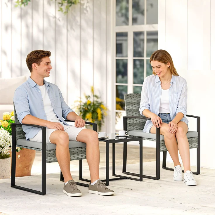 MELAYR, Rattan Bistroset, 3 teiliges Gartenmöbel-Set mit 2 Gartenstühlen, Couchtisch, 58 x 55 x 76 cm, Hellgrau – Bild 3