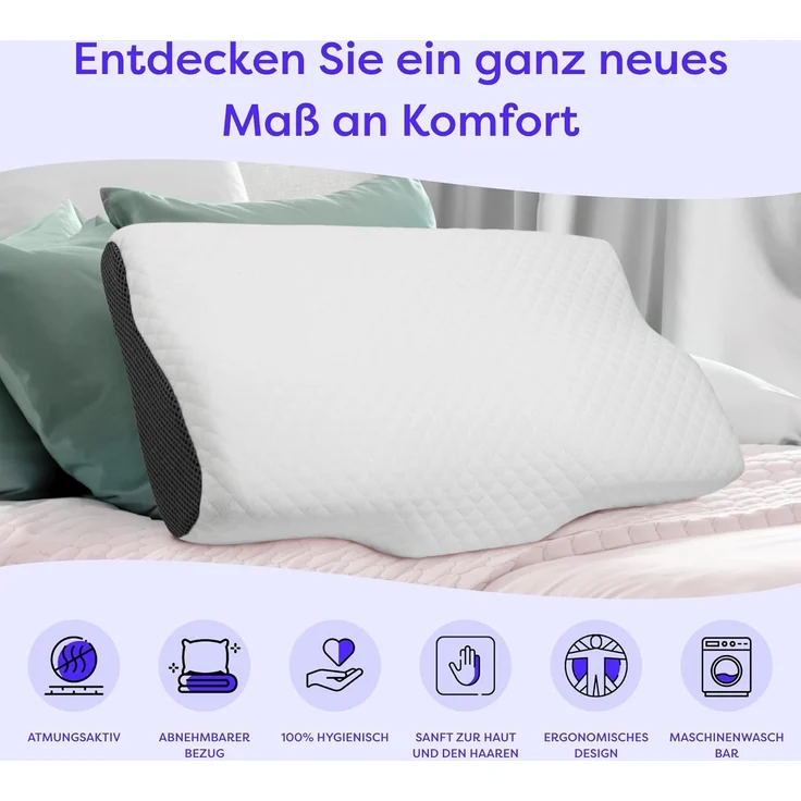 Wolkenfeld Nackenkissen für Seiten, Rücken & Bauchschläfer - Orthopädisches Kissen, Kopfkissen Nackenschmerzen Reduzierung, Memory Foam Nackenkopfkissen, Ergonomisches Kopfkissen - Seitenschläferkissen – Bild 3