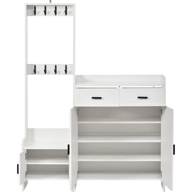 Garderobenschrank, mit 8 Haken, 2 Schubladen & 6 Böden, 125x36x165 cm, Weiß – Bild 6