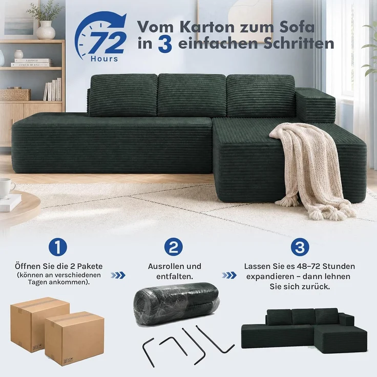 COMHOMA Ecksofa mit Schlaffunktion, 255cm Corduroy Modulares Boneless Couch mit Chaiselongue & Rücken-Metallgestell, L-Form Schlafsofa mit offenem Design, Kissen & Seitentaschen,für Wohnzimmer, Grün-L – Bild 10