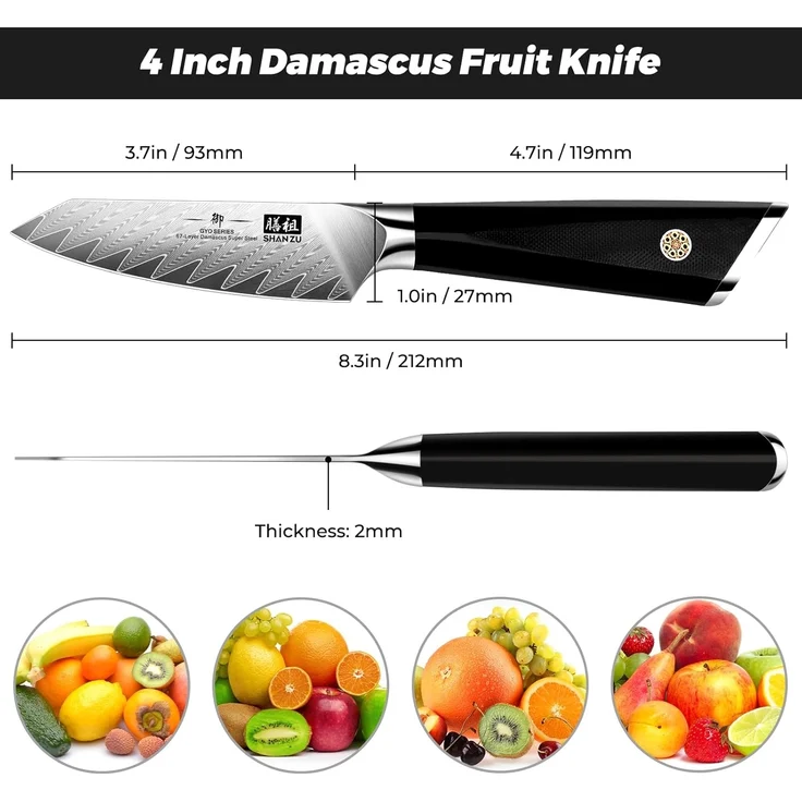 SHAN ZU Damastmesser Schälmesser Obstmesser scharf 9,3 cm Gemüsemesser Küchenmesser, 10Cr15MoV Japanischem Damaststahl 67-Schicht Damaszener Stahl Twill Muster Fruchtmesser mit G10 Griff - GYO Series – Bild 5