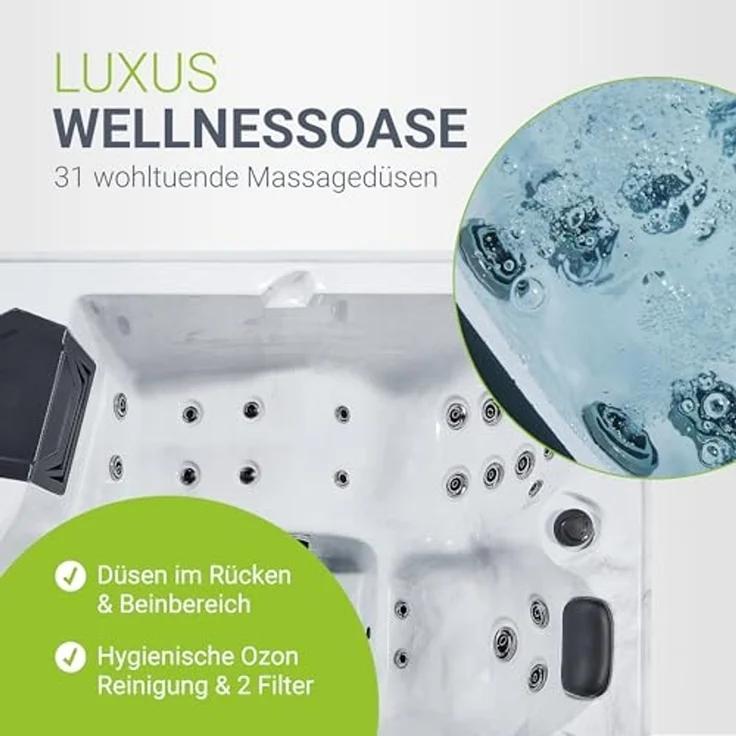 Artsauna Outdoor Whirlpool Oasis mit Treppe - Spa mit Massagedüsen, LED-Beleuchtung, 2 Filter, Abdeckung, Pumpe - Whirlpool winterfest & beheizbar – Bild 3