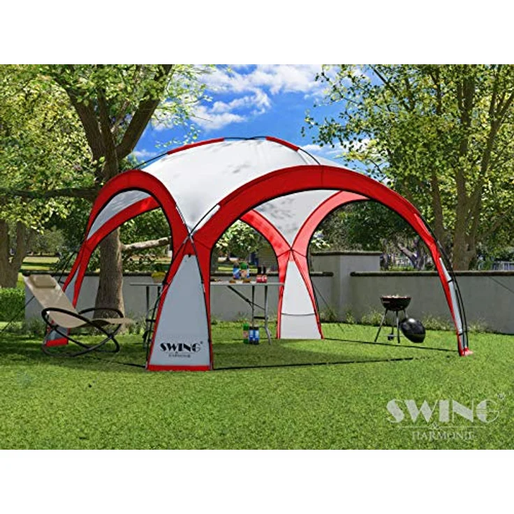 Swing & Harmonie LED Event Pavillon DomeShelter 3,6 x 3,6m mit Solarmodul, 96 LED-Beleuchtung, inkl. 4 Moskito-Netz- und 2 blickdichten Seitenwänden, rot – Bild 2