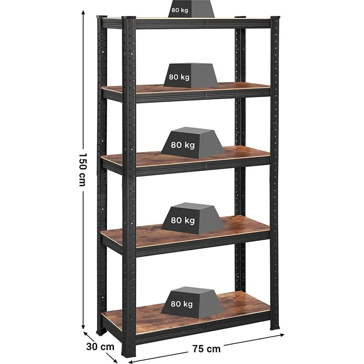 Songmics Standregal, 2er Set, Bücherregal, Lagerregal, 5 Ablagen, Küchenregal, Regal, 30 x 75 x 150 cm, bis 650 kg belastbar, verstellbare Ablagen, Industrie-Design, vintagebraun-schwarz GLR030B02 – Bild 5