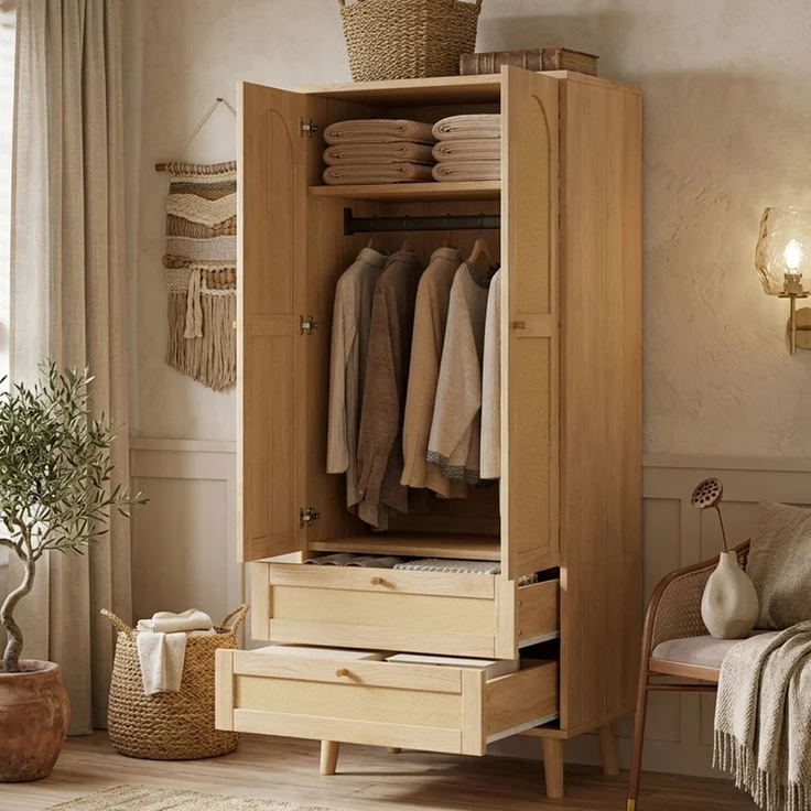 Kleiderschrank in Naturholz-Optik, Mehrzweckschrank mit Rattan-Design, Kleiderstange, Ablagefächern und 2 Schubladen, moderner Garderobenschrank für Schlafzimmer, Flur und Ankleidezimmer--Natürlich--80x50x180cm--YOUDENOVA – Bild 3