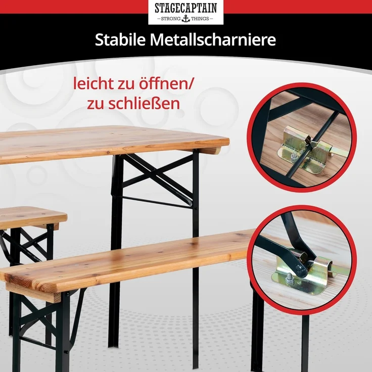 Stagecaptain Bierzeltgarnitur Hirschgarten BB-117 Sitzgarnitur 117 cm Länge, (Stehtisch Holz, 6-tlg, 4 x Bank, 2 x Tisch), Sitzmöbelset für Balkon Outdoor & Indoor, klappbar – Bild 4