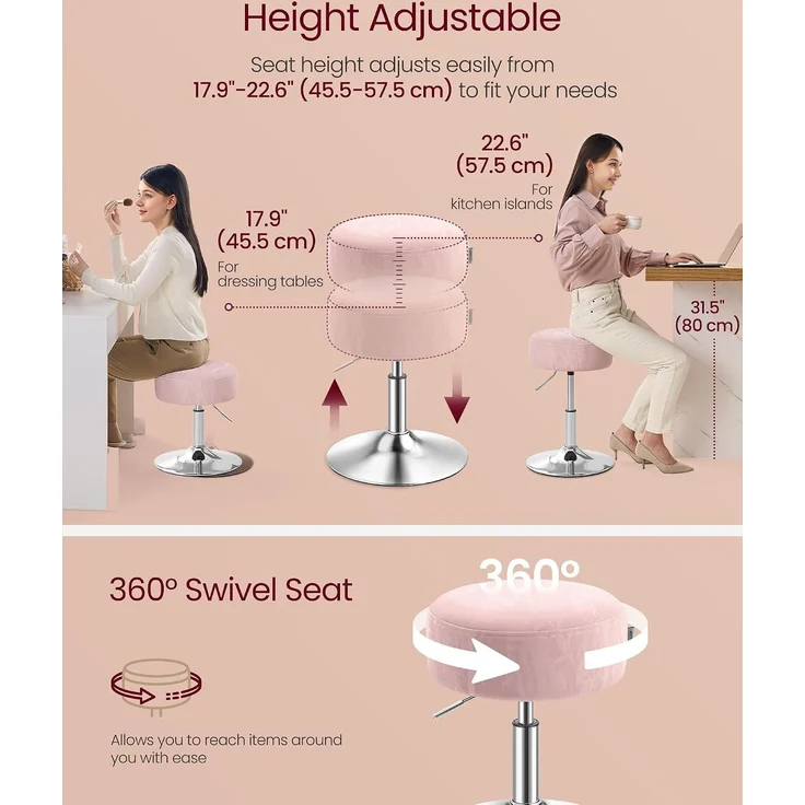 Schminkhocker, Schminkstuhl, Sitzhocker, höhenverstellbar, 360° drehbar, PU, dicke Polsterung, für Schlafzimmer, Küche, Esszimmer, pastellrosa – Bild 5