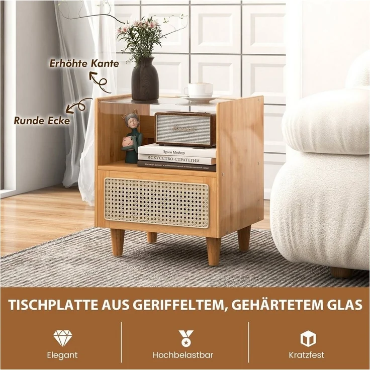 COSTWAY Nachttisch (1-St), Rattan Beistelltisch, mit Glastischplatte, aus Bambus – Bild 2