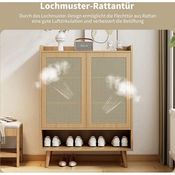 Schuhschrank mit Rattantüren & Push-Open, eiche, 80x35x105 cm – Bild 5