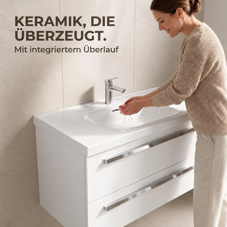 BADEDU TESSANO Waschbecken mit Unterschrank 90 cm breit, Weiß, Waschbecken Keramik Weiß – Bild 6