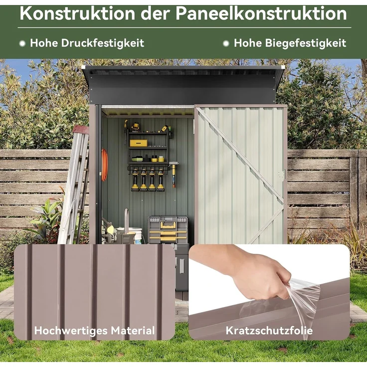 Aoxun Metall Gerätehaus mit Boden & 2 verstellbaren Einlegeböden, 150x91 x 185 cm, Outdoor-Schuppen, mit Lüftungsschlitz und Schiebetür, Werkzeugaufbewahrung, Fahrradschuppen, für Terrasse, Rasen, Braun – Bild 6