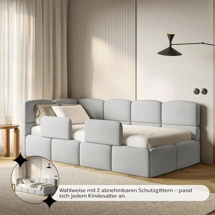 Selsey 'Cloudy' Kinderbett 120 cm, Bettkasten, 2x Rausfallschutz, Chenille, links, Hellgrau – Bild 7