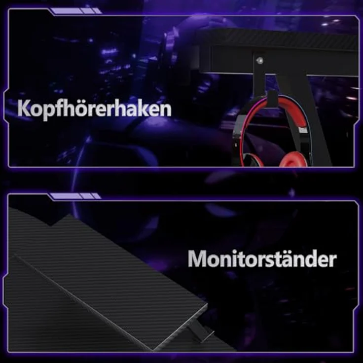 ODK Gaming Tisch, Computertisch, Gaming Schreibtisch mit runder Ecke, Gaming-Tisch mit Monitorablage (Kohlefaser Schwarz, 167x120 cm) – Bild 7