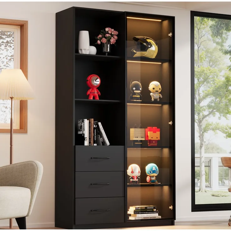 Vitrine 80 x 40 x 160 cm mit LED-Beleuchtung, Glastür und 3 Schubladen