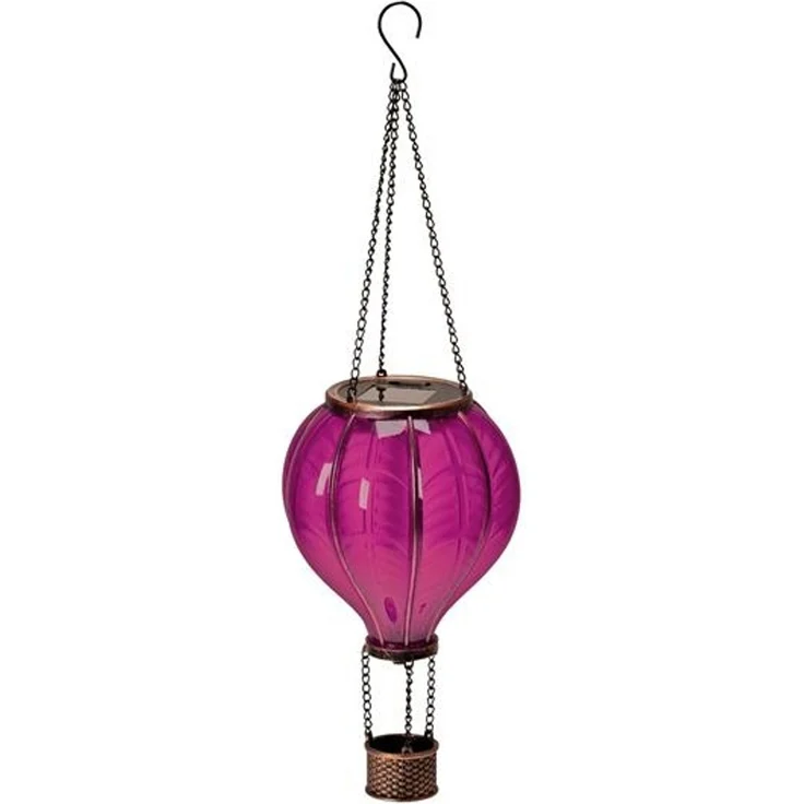 Solar Laterne im Heißluftballon Design mit Flammeneffekt Beleuchtung | 20 warm-weiße Lichter | Solarleuchte zum hängen | inkl. Metallkette | Gesamthöhe ca. 46,5 cm (lila) – Bild 2