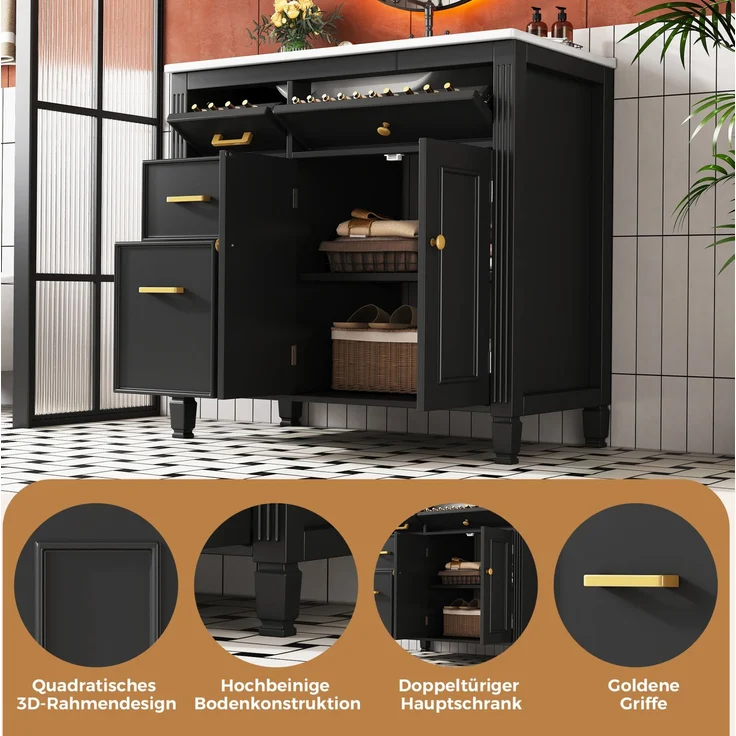 Freistehender Waschtisch 91x46,5x87 cm mit Keramikbecken und Schubladen – Schwarz – Bild 6