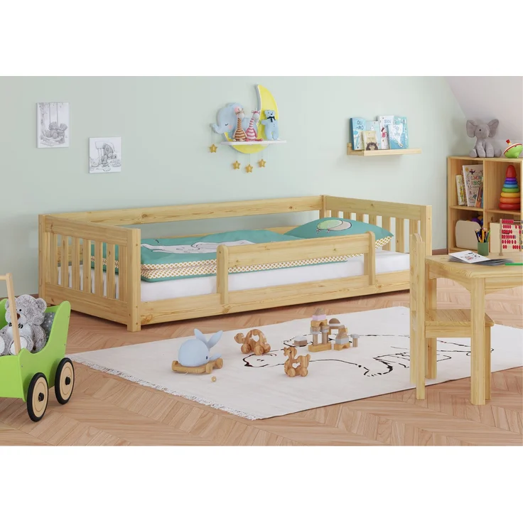 Niedriges Kinderbett Bodenbett 90x200 Kiefer massiv Zubehör wählbar V-60.28-09mit Kindersicherung und Rollrost inkl. – Bild 2