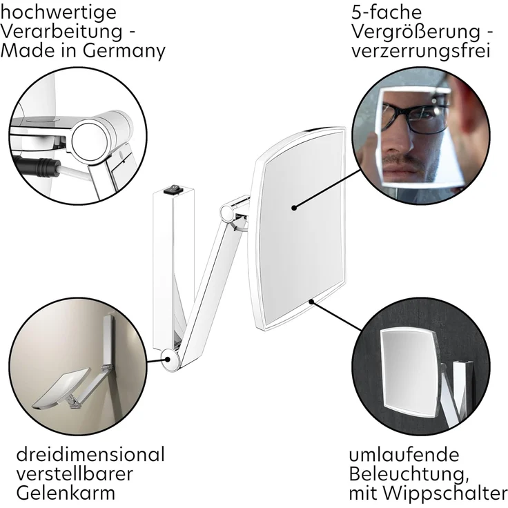 Keuco Kosmetikspiegel iLook_move (Wippschalter, Chrom), Wandspiegel mit Schwenkarm, LED-Beleuchtung, Schalter, 20x20cm, Chrom – Bild 4
