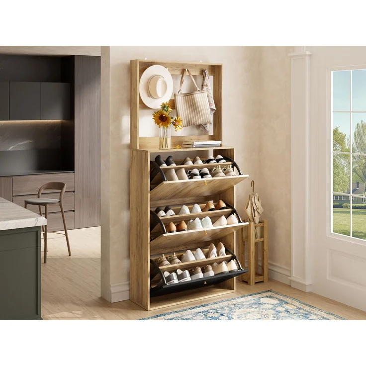 ZUBALIYA Schuhschrank (75 x 24 x 180 cm), Haken zur Aufbewahrung, Aus Spanplatte, Stauraum für Flur und Eingangsbereich, Schwarz / Naturfarben – Bild 6