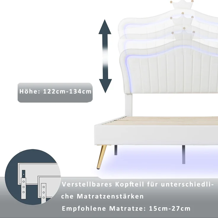 Kinderbett mit Muschel-Kopfteil und Krone, LED-Licht mit Farbwechsel, höhenverstellbarem Kopfteil, stabiler Holzlattenbasis – Bild 7