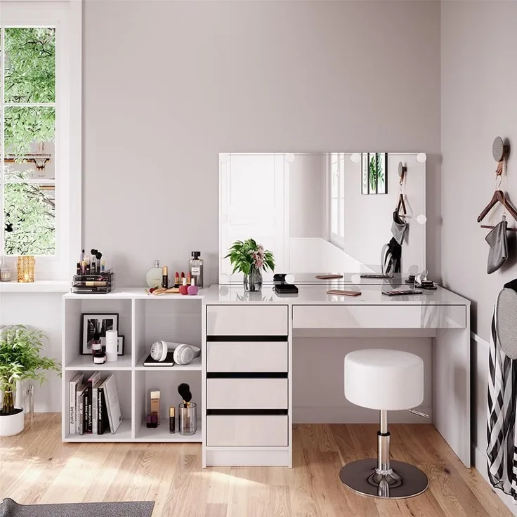 Schminktisch Sherry Weiß 120 cm 4 Teile, mit Standregal, Spiegel, Hocker, LED Vicco