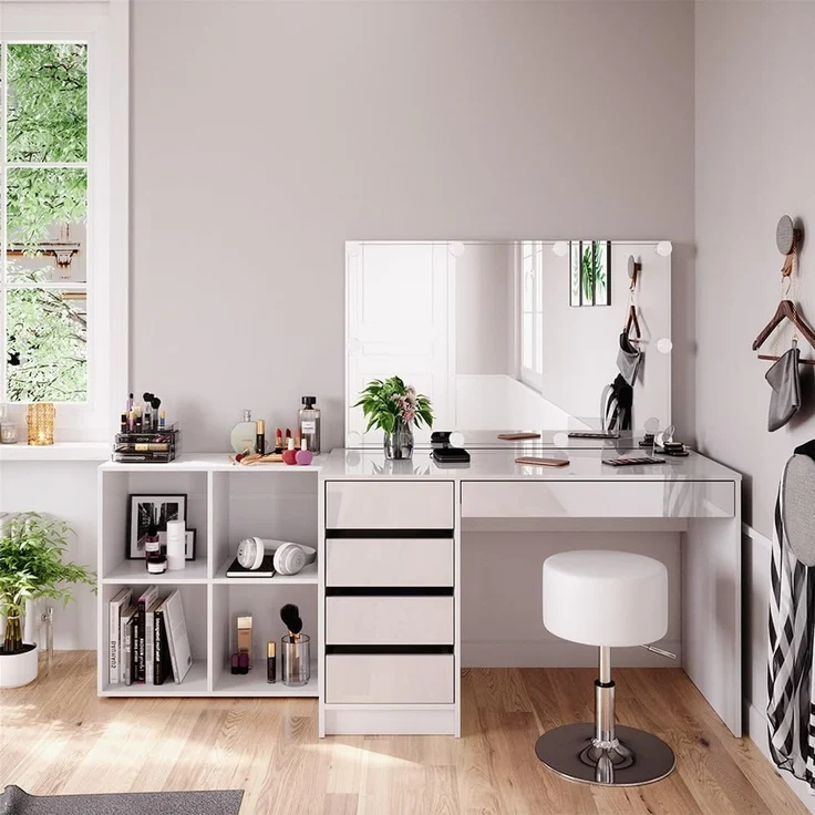 Schminktisch Sherry Weiß 120 cm 4 Teile, mit Standregal, Spiegel, Hocker, LED Vicco – Bild 1