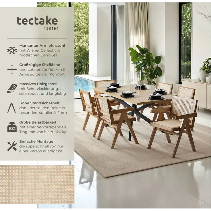 tectake Esszimmerstuhl Holzstuhl Lissy mit Wiener Geflecht im Boho-Stil (Set, 4 St), Breite Rückenlehne und bequeme Sitzfläche mit Armlehnen – Bild 1