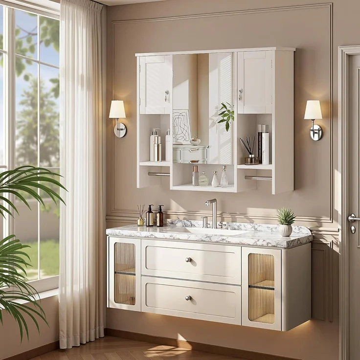 Badezimmerschrank mit Spiegel, Wandschrank mit Türen und offenen Fächern, wandmontierter Medizinschrank mit 2 Handtuchhaltern, Badschrank für Badezimmer, Waschküche und Küche, Weiß – Bild 3