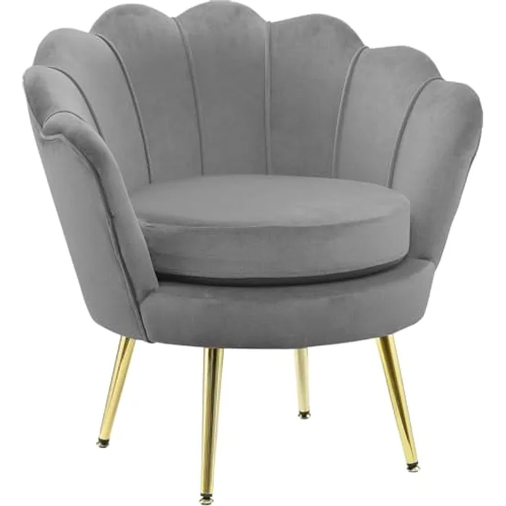 GARDENIA Sessel mit Muschel-Rückenlehne, gepolstert, mit verchromten Beinen, ideal für Wohnzimmer, Schlafzimmer und Büro, Sessel aus Samt, Hellgrau, 77 x 79 x H77 cm Athen XL