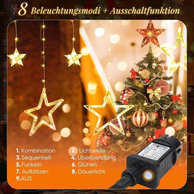 Salcar LED-Lichterkette LED Sterne 2m 160 LED Lichtervorhang Weihnachten Lichterkette Außen, 2m 160 LED Warmweiß, 8 Modi, Timer und Memory – Bild 3