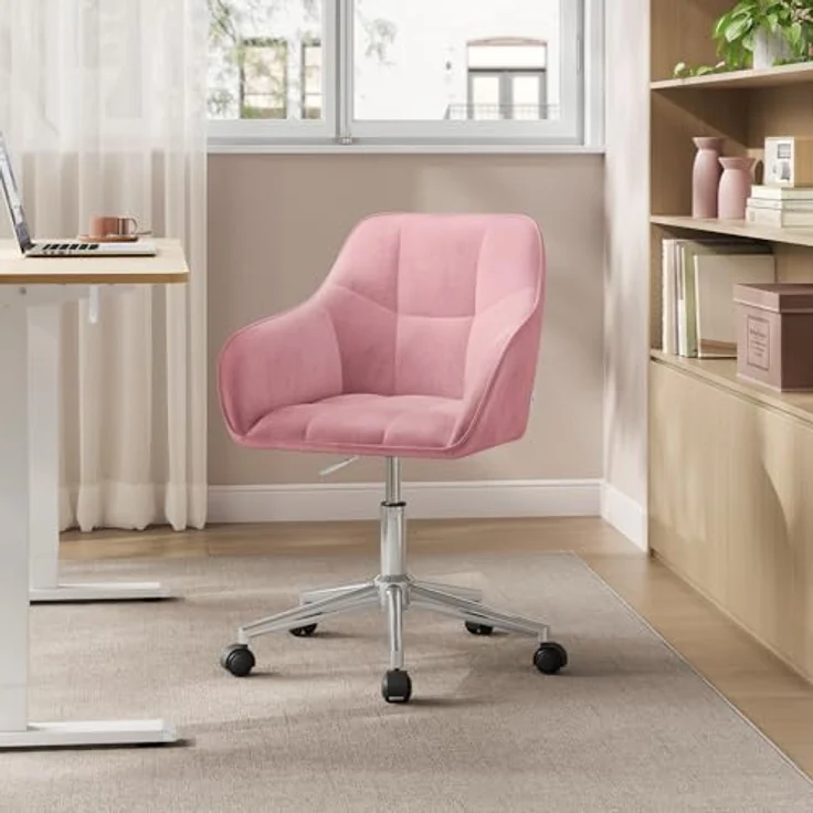 WOLTU Homeoffice Stuhl, Schreibtischstuhl, Drehstuhl, Schminkstuhl, höhenverstellbar, bis 150 kg belastbar, mit Armlehnen Samtsitz, für Schlafzimmer Büro Wohnzimmer, Rosa+Silber BS145rsw – Bild 9