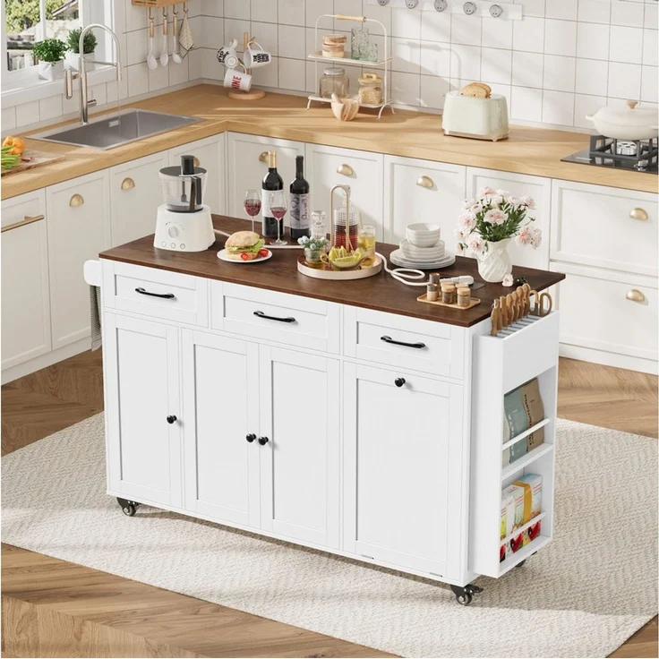 Homfa Küchenwagen mit Steckdoseleiste, klappbarer Arbeitsplatte & Messerblock, Kücheninsel mit Rollen, Küchenschrank mit Müllsystem 135x88x60cm – Bild 2