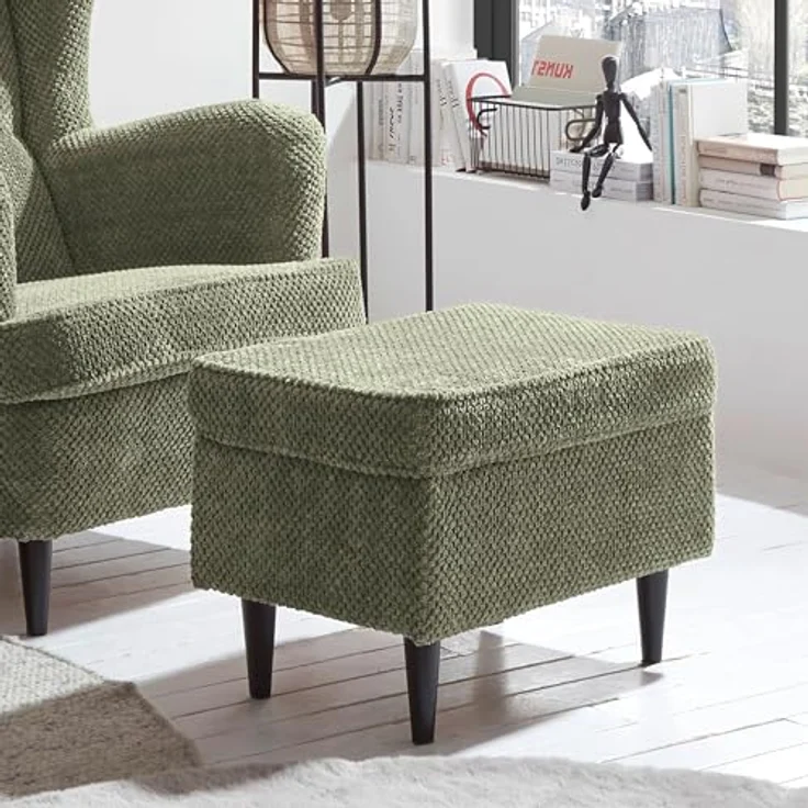 Stella Trading Oskar Fußhocker gepolstert, Olive - Vintage Polsterhocker für Sessel, Couch und Sofa - 63 x 43 x 42 cm (B/H/T) – Bild 3
