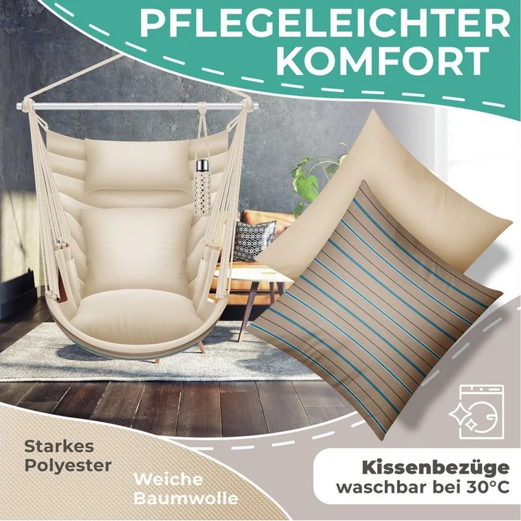 KESSER® Hängesessel Haiti 150kg Traglast, Hängestuhl 360° Drehung, Hängeschaukel Indoor-Outdoor UV-beständig & Wasserfest, Pflegeleicht, Inkl. 2 Kissen, Tragetasche, Flaschenhalter & Montage-Set Cappuccino – Bild 4