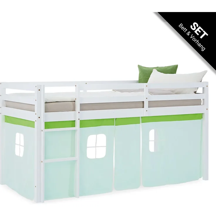 Hochbett Kinder 90x200 cm Kinderbett Kinderhochbett Stockbett Vorhang Grün Leiter Holz Massiv