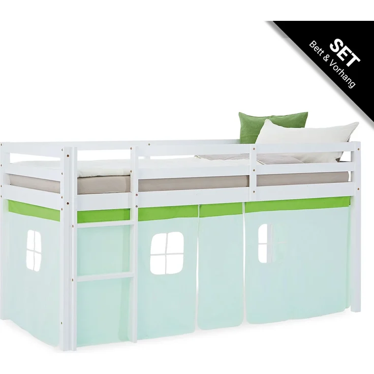 Hochbett Kinder 90x200 cm Kinderbett Kinderhochbett Stockbett Vorhang Grün Leiter Holz Massiv – Bild 1